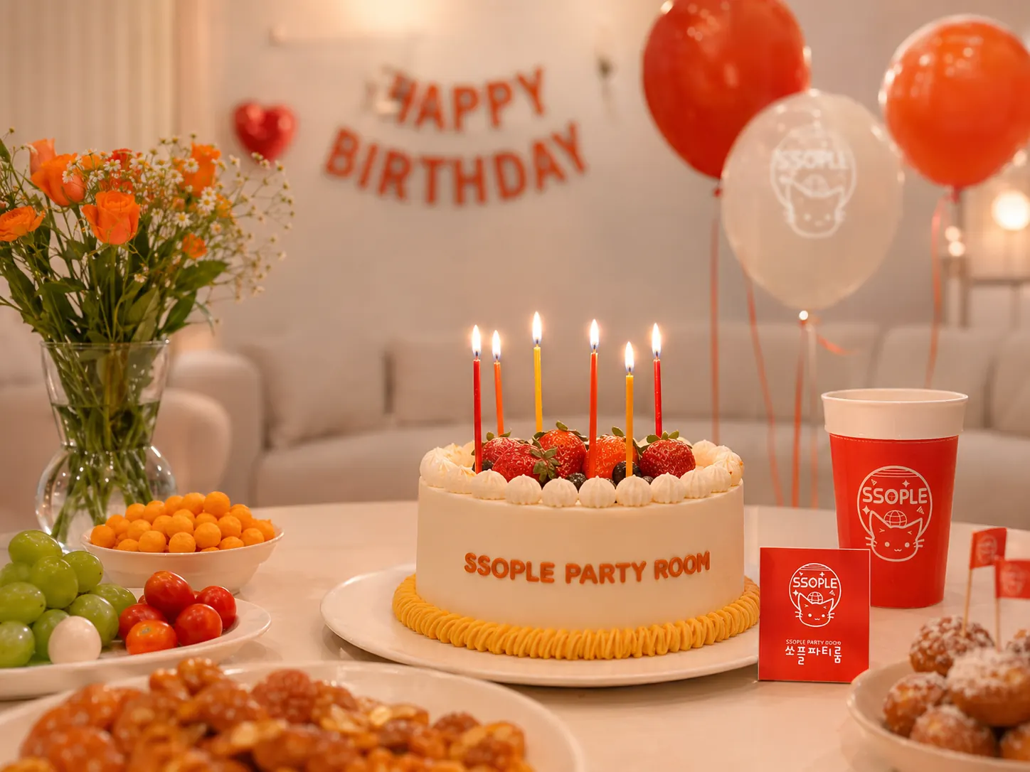 쏘플파티룸에서 열린 생일파티 — 케이크와 풍선, 가랜드로 꾸민 방