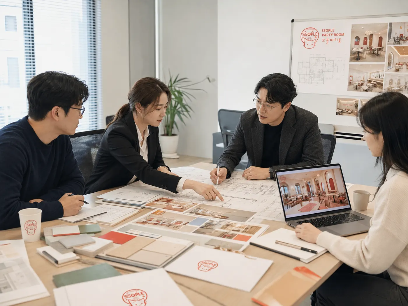 쏘플 공간 기획 회의 — 도면과 무드보드를 놓고 컨셉을 정하는 모습